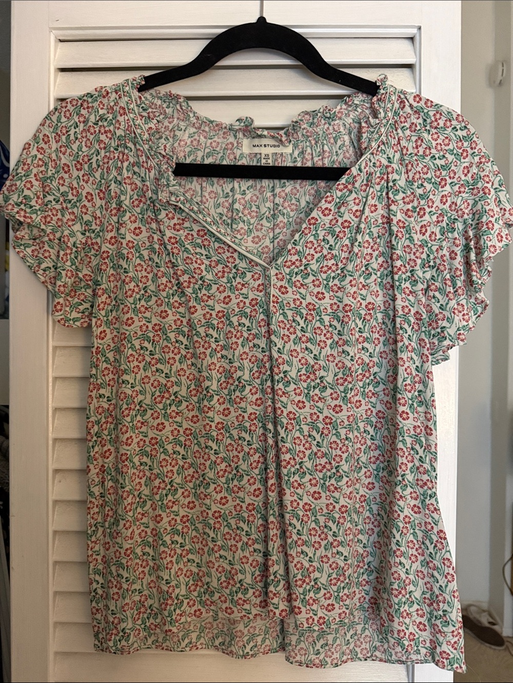 Massimo Dutti Cream Blouse with Pink Floral and Green Leaf Print